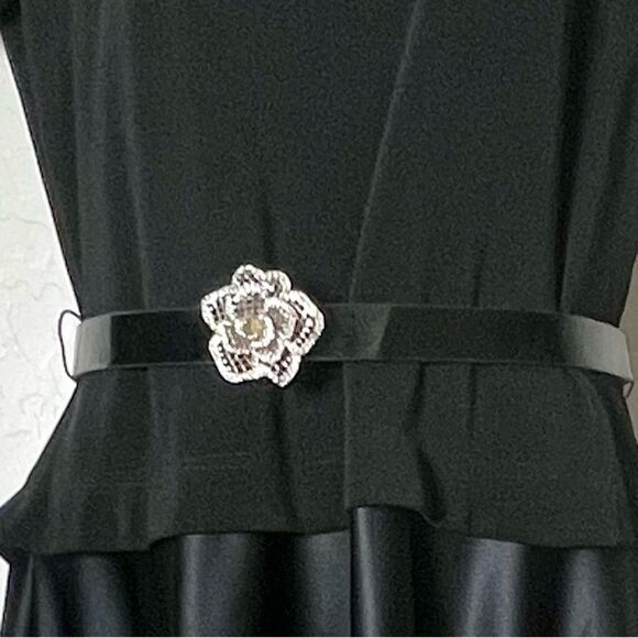 Silver Metal Crystal Camellia Flower Belt black patent Stretch Adjustable L WHBM
